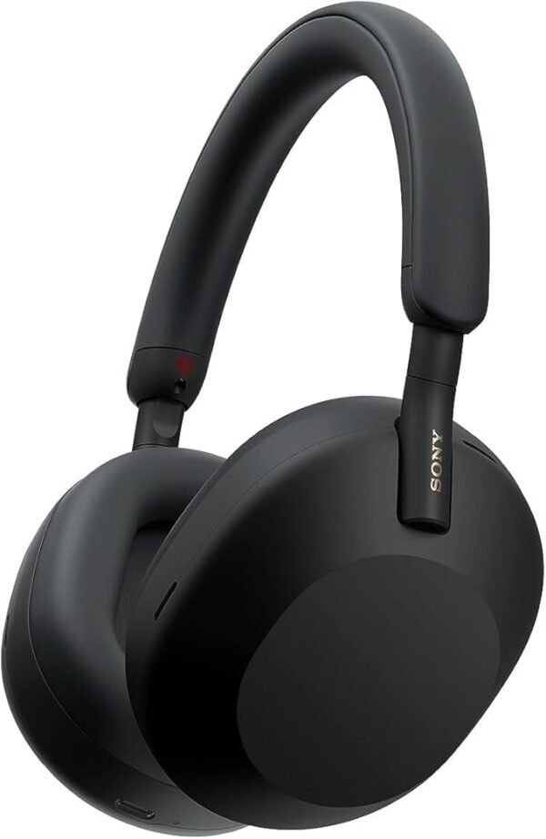 Black Sony WH-1000XM5 wireless noise-canceling headphones, displayed on a white background, showing cushioned ear cups and adjustable headband.